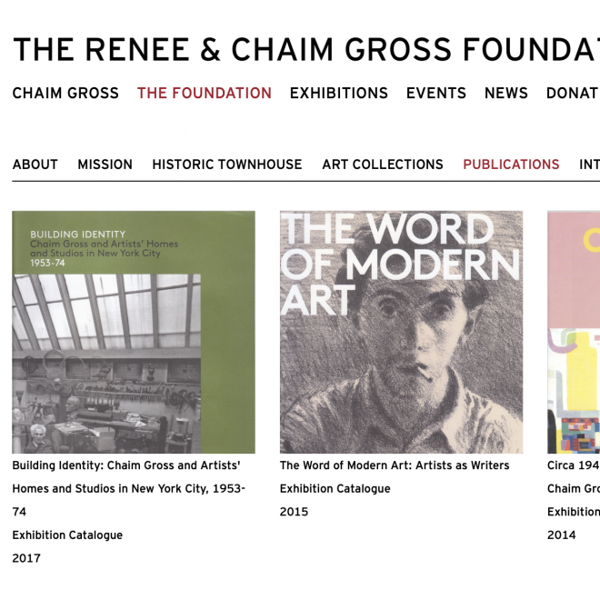 Screenshot of the foundation's website with black, geometric lettering along the top with an all white background. Below the lettering is a row of two full, square pictures and the corner of a third. From left to right, the first photo has a green background with a photo in black of white of Chaim Gross' work space, the second has a charcoal drawing of a man smoking a cigarette, and the third is mostly light mink with some other multi colored geometric shapes visible. 