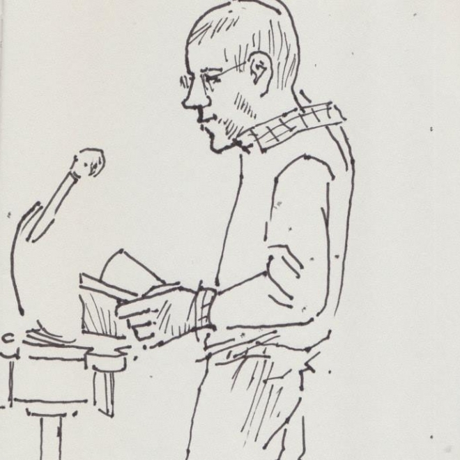 Thin line black ink profile drawing of an adult man standing at a podium holding a book. 
